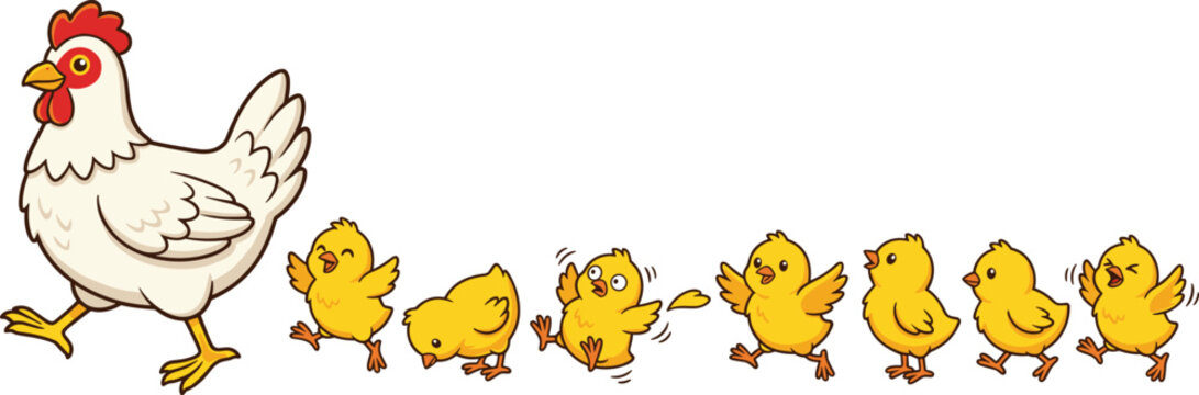 Cute Cartoon Hen and Little Yellow Baby Chicks Vector Illustration Set with Mother Chicken Walking and Following Newborn Farm Animals