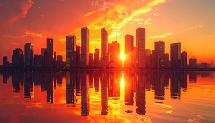 Obraz premium A vibrant city skyline bathed in the warm glow of a sunset, with skyscrapers reflecting on the water.