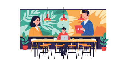 Fototapeta premium Creative Workspace Illustration: Digital Nomad Working on Laptop in Modern Cafe with Virtual Team Screens and Video Conferencing Backdrop
