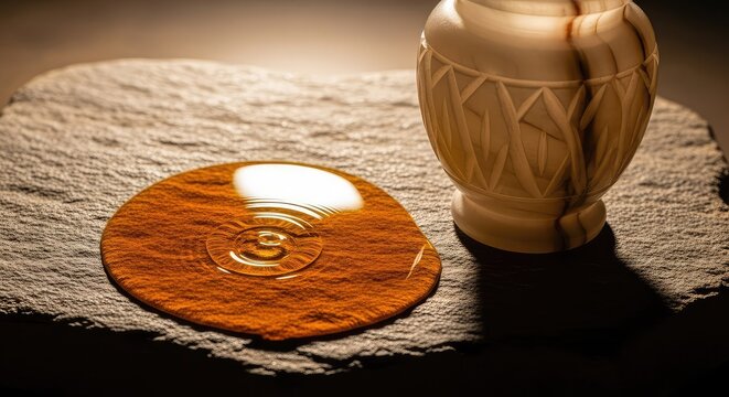 Golden, viscous oil pooled on a rustic stone surface beside an elegant, carved alabaster jar under warm, dramatic lighting conditions, ritual, pottery, amber