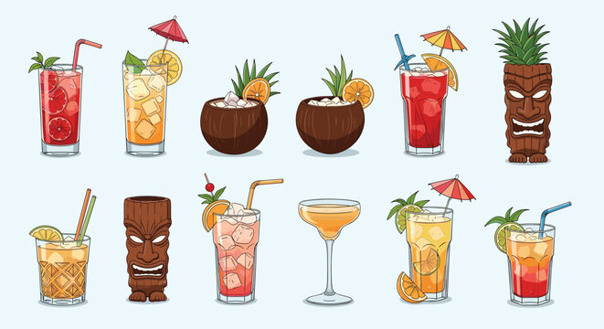 Assorted tropical cocktails and tiki drinks are shown in various glasses and coconut shells with fruit garnishes and colorful umbrellas.
