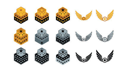 Fototapeta premium Detailed set of military rank insignias and aviation wings includes various gold, silver, and black metal emblems with star motifs.