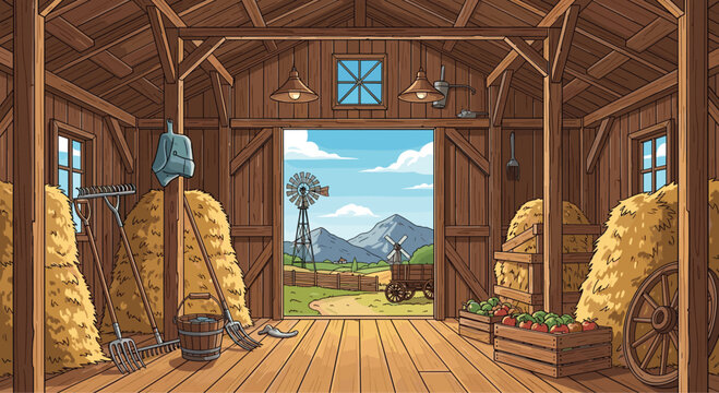 Interior of a traditional wooden barn is filled with hay bales and farming tools with a scenic view of fields and mountains through the door.
