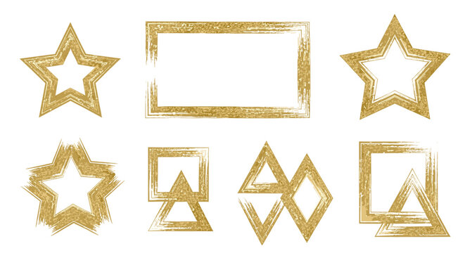 Luxury design elements include eight different golden glitter frames in various shapes like stars, rectangles, and overlapping triangles.