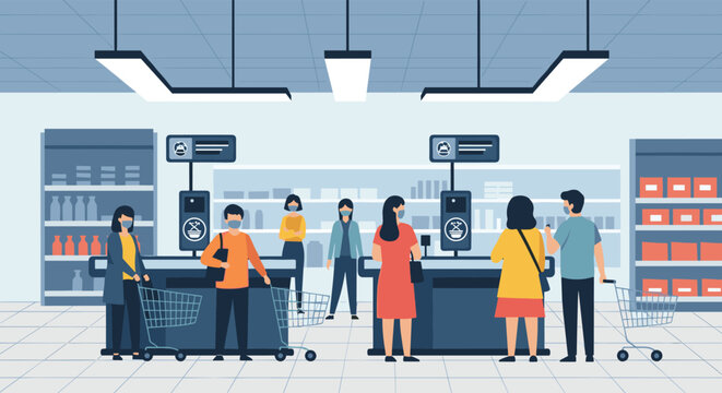 Shoppers wearing protective face masks while standing in line at supermarket checkout counters to maintain safety during a pandemic situation.