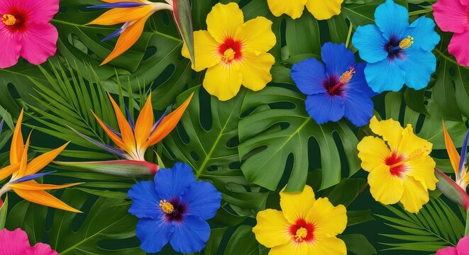 Sfondo tropicale continuo con lussureggiante fogliame verde, fiori esotici dai colori vivaci, pattern naturale per tessuti e decorazioni, illustrazione, vegetazione, ambiente