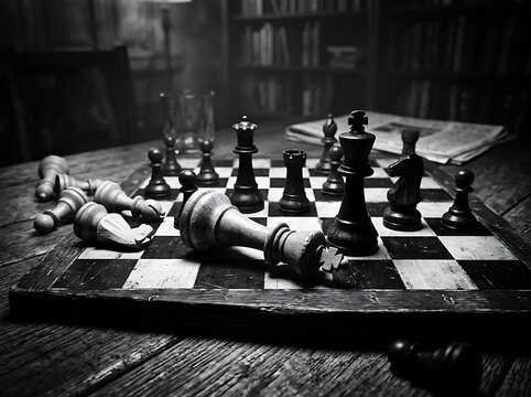 Dramatic Black and White Chess Game with Fallen King on Wooden Board.
