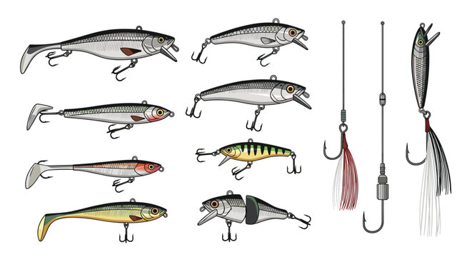 Collection of various realistic fishing lures and hooks in different colors and shapes designed for catching different types of fish in water.