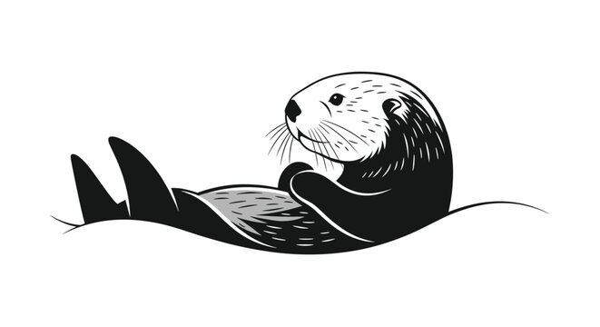 Black and white ink illustration of a cute sea otter floating peacefully on its back in the water with its paws tucked together on its belly.