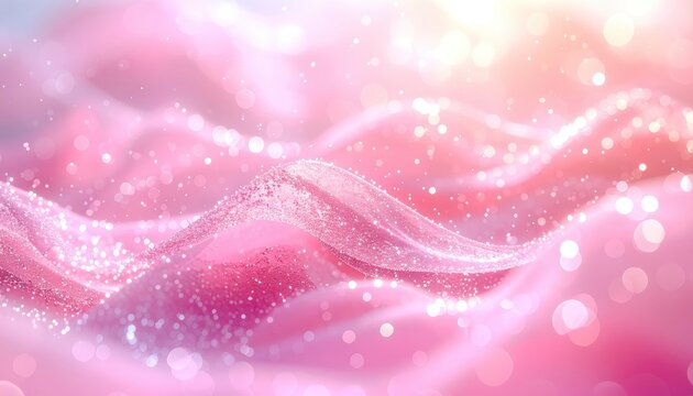 Abstract background with pink waves and sparkling particles.