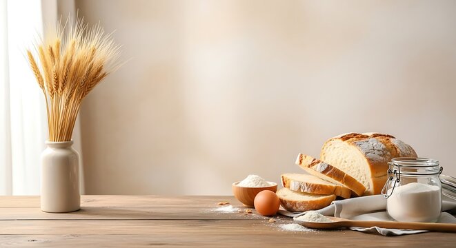 Bread ingredients on a wooden table with wheat in a white vase