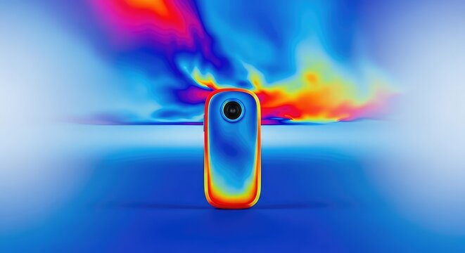 Vibrant abstract background with fluid thermal imaging transitions featuring intense heat maps of neon blue, glowing red, orange, and yellow, fluid, wave, energy