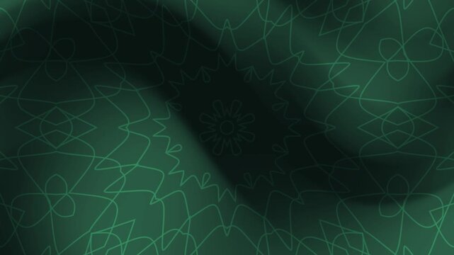 Green and black gradient background featuring intricate geometric mandala patterns with soft gradients and symmetrical linework. Elegant ornamental design creating depth, and ample copy space.