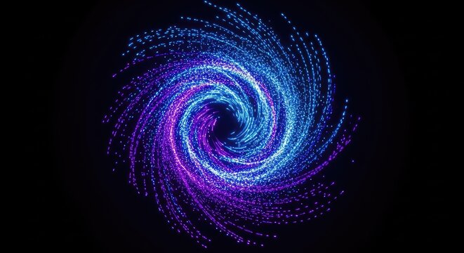 Vibrant blue and purple neon particles dance in a high-speed dynamic swirl against a dark backdrop, creating a sense of energy and flow, purple, dust, dots