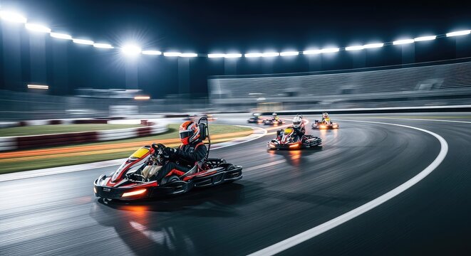 Vibrant go karts speed around a curved asphalt track under bright stadium lights at night, creating motion blur with glowing brake discs, illuminated, leisure, motion
