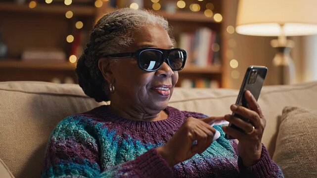 Visually impaired senior african american woman using a modern smartphone with accessibility features, listening to a screen reader while touching the screen and smiling at home on the couch