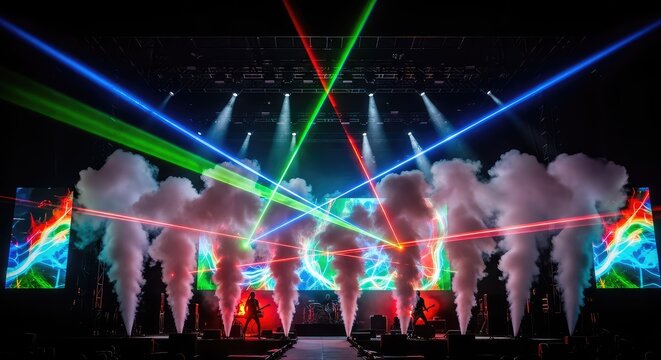 Vibrant laser beams pierce through artificial fog over a large performance stage during a high energy rock festival under the dark sky, beats, rhythm, laser