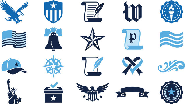 Blue flat style american patriotic symbol icon set featuring eagle flag liberty bell star statue banner and more on white background