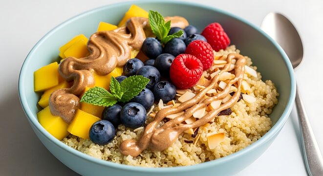 Delicious quinoa bowl with fresh fruits and nut butter topping for healthy breakfast meal