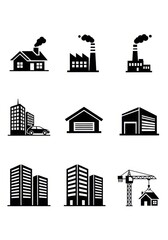 Obraz premium Set of Black Building Icons Including Houses, Factories, Office Skyscrapers, Warehouses, and Construction Crane Silhouettes
