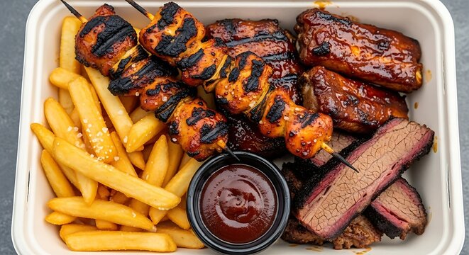 Grilled meat skewers with fries and barbecue sauce in white takeout container