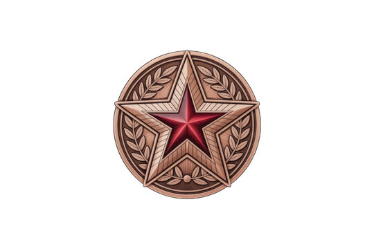 Red star emblem on circular ornate png background.