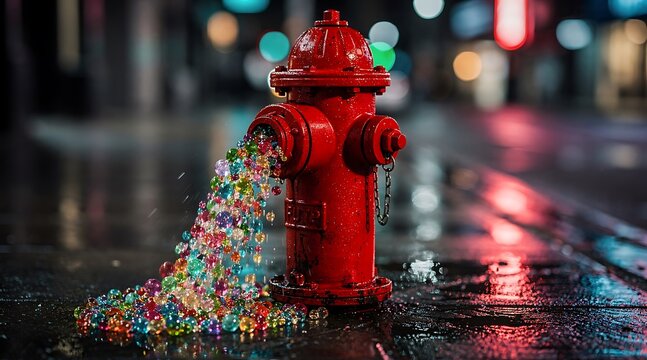 Red Fire Hydrant Spewing Colorful Confetti on Wet City Street at Night.
