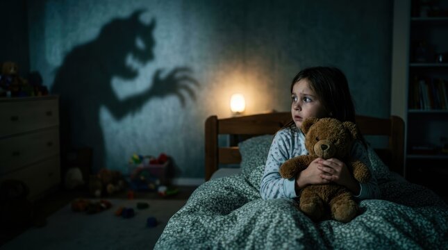 A little girl sits in bed holding a teddy bear while looking nervously at a shadow on the wall in a dimly lit bedroom. The scene conveys childhood imagination, nighttime fears.