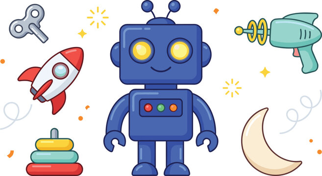 Cute Retro Toy Robot Vector Illustration Set with Spaceship Rocket Ray Blaster Gun Wind Up Key Pyramid Stacker and Moon for Kids Nursery Graphic Designs