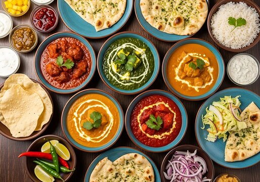 Variety of Indian dishes with curries and naan bread on a table