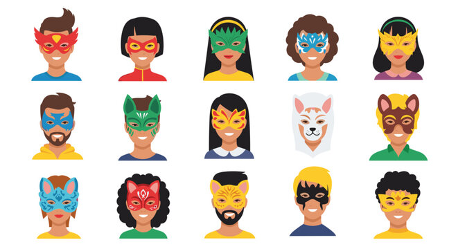 Avatars of diverse men and women are shown wearing various colorful superhero and animal-themed masquerade masks on a white background.