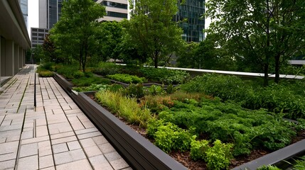Fototapeta premium A vibrant urban rooftop garden showcases flourishing greenery and responsible practices in a cityscape setting