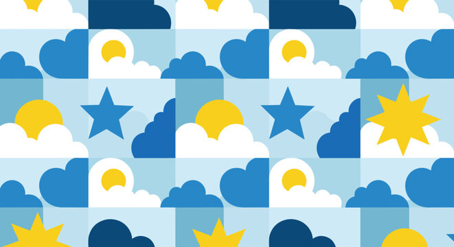 Seamless geometric sky pattern features repeated motifs of yellow suns, blue stars, and dark clouds in a modern flat architectural style.
