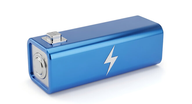 Metallic blue cylindrical power bank with lightning bolt icon portable electric metallic lightning technology charging hardware accessory electronic capacity isolated