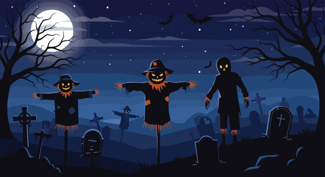 Spooky Halloween landscape with scarecrows and zombies in a moonlit graveyard with silhouettes of bare trees and bats flying above.