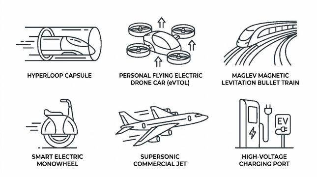 Future transportation technology icons set featuring hyperloop capsule drone car maglev train and electric monowheel.
