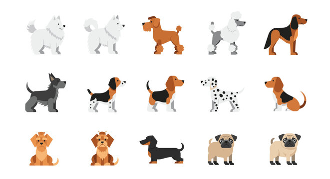 Assortment of different dog breeds shown in side profile including poodles, pugs, and dalmatians in a clean and minimal illustrative set.