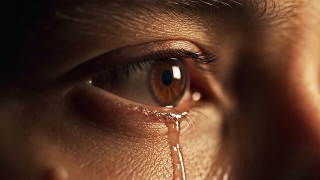 Macro Close Up Shot of a Human Brown Eye Crying a Single Tear Expressing Deep Patriotism and Memorial Remembrance