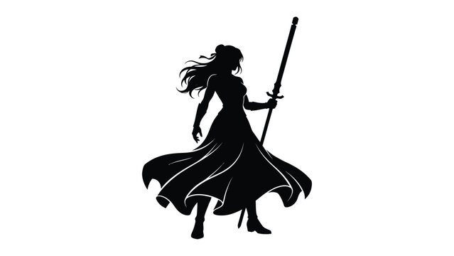 Heroine wielding a tall spear stands ready for battle in a stylized black and white silhouette.