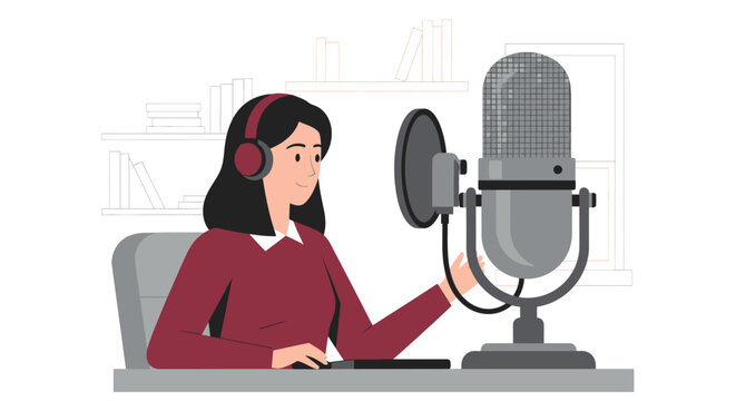 Woman Recording Podcast in Professional Home Studio Flat Vector Illustration - Content Creator, Voiceover Artist and Radio Host Concept