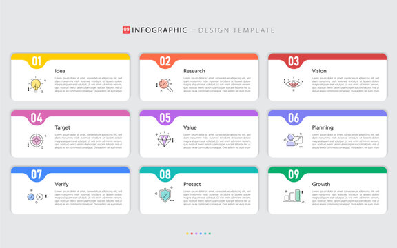 Infographic design template. Timeline concept with 9 options or steps template. layout, diagram, annual, report, presentation. Vector illustration.