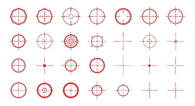 Set of different red crosshair and target reticle symbols including various sights for aiming in video games or technical applications.
