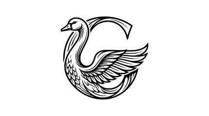 Fototapeta premium Elegant monogram letter G or C logo design combining a swan bird with majestic wings in linear engraving style vector illustration
