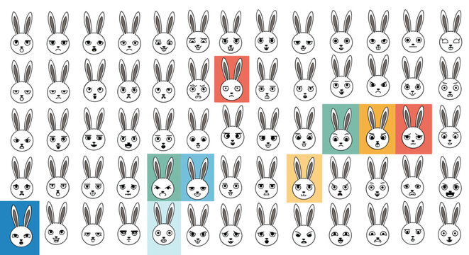Large collection of rabbit head icons with a wide variety of facial expressions in a minimalist line art style with soft color accents.