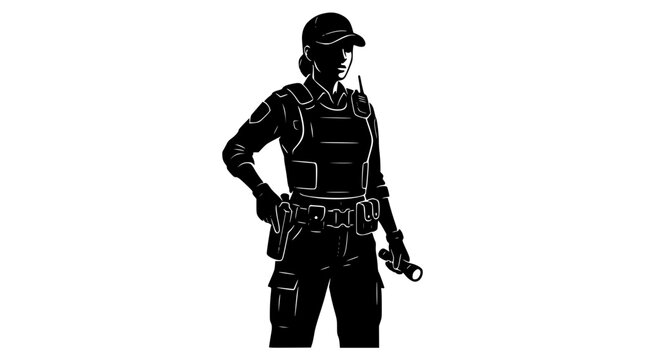Female security guard or tactical police officer black silhouette vector graphic with uniform vest cap and flashlight for protection concepts