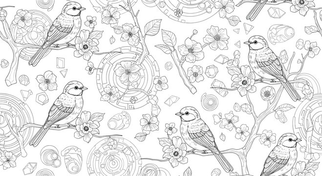 Intricate black and white coloring book page pattern featuring birds perched on flowering branches among geometric and abstract shapes.