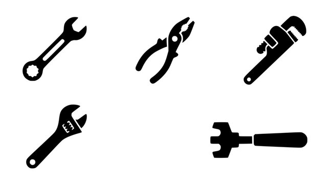 Hand tools black silhouette vector icon set containing spanner pliers pipe wrench and adjustable key for plumbing mechanical repair layouts
