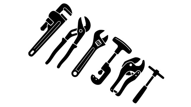 Professional plumbing tools black silhouette vector icon set containing pipe wrench pliers cutter and spanner for repair hardware service layouts