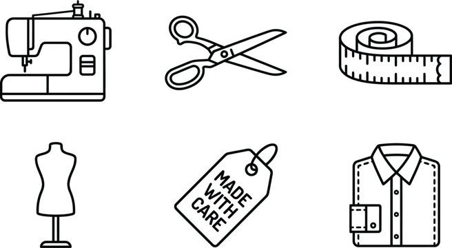 Sewing machine line icons showing mannequin and custom clothing design