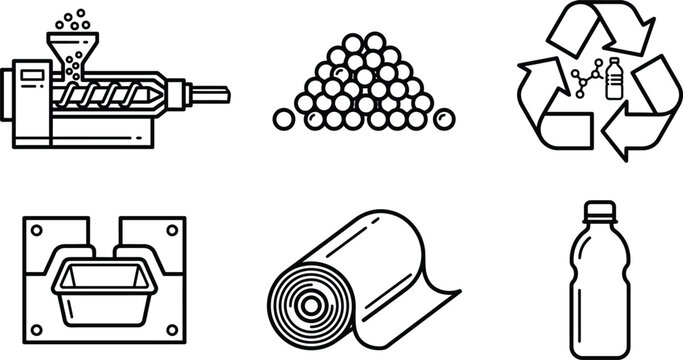 Injection molding icons showing plastic processing equipment and machine
